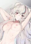  1girl animal_ears arknights arms_up bear_ears blue_eyes blush breasts cleavage closed_mouth groin hand_in_own_hair heterochromia hickey highres long_hair looking_at_viewer lying medium_breasts multicolored_hair nipples nude on_back red_hair rosa_(arknights) solo solokitsune streaked_hair sweat upper_body 