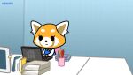  2018 aggressive_retsuko ailurid animated anthro black_eyes clothing computer desk english_text female fur furniture laptop mammal mkmaffo open_mouth red_panda retsuko sanrio signature solo surprised_expression table text wide_eyed 