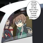  1boy 1girl absurdres brown_hair car commentary english_commentary english_text frown green_eyes highres jacket kono_subarashii_sekai_ni_shukufuku_wo! megumin motor_vehicle myahogao off_shoulder open_mouth red_eyes satou_kazuma v-shaped_eyebrows window 