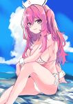  1girl absurdres bare_shoulders bikini breasts chicken0281 cloud day goddess_of_victory:_nikke hat highres large_breasts outdoors pepper_(nikke) pepper_(ocean_vitamin)_(nikke) pink_eyes pink_hair side_ponytail sitting sky solo swimsuit thighs white_bikini white_headwear 