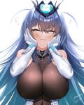  1girl :3 azur_lane bare_shoulders blue_hair blush bodystocking breasts cheek_squash cleavage closed_eyes closed_mouth commission gloves hair_between_eyes hair_intakes hands_on_own_cheeks hands_on_own_face headgear heart highres irkawaza large_breasts long_hair new_jersey_(azur_lane) see-through_cleavage simple_background solo solo_focus thank_you upper_body very_long_hair white_background white_gloves 