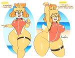 2023 absurd_res animal_crossing anthro artist_name beach breasts canid canine canis clothed clothing derp_eyes derpybelle dialogue domestic_dog english_text eyewear female fingers glasses hi_res isabelle_(animal_crossing) jhenightfox lifeguard mammal nintendo open_mouth open_smile seaside shih_tzu smile solo teeth text thick_thighs tooth_gap toy_dog wide_hips 