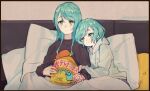  2girls bag bang_dream! brown_shirt chips_(food) couch cuddling food green_eyes hikawa_hina hikawa_sayo holding holding_bag holding_hands hood hoodie interlocked_fingers locked_arms long_hair medium_hair milk_puppy multiple_girls on_couch pillow potato_chips shirt siblings sisters twins twitter_username under_covers white_hoodie 