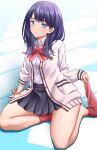  1girl black_hair black_skirt blue_eyes bow bowtie buttons cardigan closed_mouth collared_shirt commentary_request fingernails gridman_universe highres legs long_hair long_sleeves looking_at_viewer masatoshi_1219 miniskirt no_shoes open_cardigan open_clothes pleated_skirt red_bow red_socks removing_sock school_uniform shirt skirt smile socks solo ssss.gridman takarada_rikka thighs white_cardigan white_shirt 