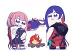  2girls blue_eyes blue_hair bonfire cooking earrings fish full_body grilling hood hood_down hooded_jacket jacket jewelry kaf_(kamitsubaki_studio) kamitsubaki_studio laplace_(kamitsubaki_studio) long_sleeves looking_at_viewer multicolored_clothes multicolored_hair multicolored_jacket multiple_girls pink_hair pleia90 poptepipic red_hair rim_(kamitsubaki_studio) simple_background sleeveless sleeveless_jacket virtual_youtuber white_background yellow_pupils 