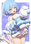  1girl :d absurdres armpit_crease bare_legs bare_shoulders barefoot blue_background blue_hair blue_jacket blush border breasts crossed_bangs feet fur-trimmed_jacket fur_trim hands_up highres hololive jacket large_breasts long_sleeves looking_at_viewer lunch_boxer medium_hair off_shoulder official_alternate_costume official_alternate_hair_length official_alternate_hairstyle open_mouth pointy_ears shadow sleeves_past_fingers sleeves_past_wrists slippers smile soles solo striped striped_jacket teeth thighs toes upper_teeth_only virtual_youtuber white_border yellow_eyes yukihana_lamy yukihana_lamy_(4th_costume) yukimin_(yukihana_lamy) 