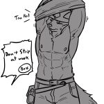  abs anthro bottomwear canid canine canis clothing eyes_closed hair hat headgear headwear hi_res male mammal muscular muscular_anthro muscular_male navel nipples northwoooof pants pecs shirt simple_background solo standing topwear undressing unseen_character white_background wolf 