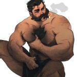  1boy abs bara beard black_hair black_male_underwear boxer_briefs chris_sdd cigar facial_hair grabbing graves_(league_of_legends) hairy highres large_pectorals league_of_legends looking_to_the_side male_focus male_pubic_hair male_underwear mature_male muscular muscular_male nipples pectoral_grab pectorals pubic_hair short_hair simple_background smoking solo thick_thighs thighs underwear white_background 