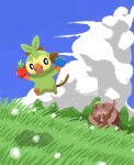  :d berry_(pokemon) black_eyes bright_pupils chasing cloud commentary_request day food fruit grass greedent grookey highres holding holding_food holding_fruit jumping no_humans open_mouth oran_berry outdoors pokemon pokemon_(creature) sky smile tamato_berry tomozo_(muginosukejr) white_pupils 