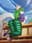  2023 anthro butt canid canine clothed clothing digital_media_(artwork) female fingers footwear green_hair hacatiko hair hi_res long_hair looking_at_viewer looking_back mammal outside paladins rear_view salt_(paladins) solo 