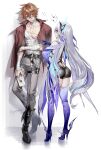  1boy 1girl abs ass bandage_on_face bandage_over_one_eye bandaged_arm bandaged_hand bandaged_head bandages bare_shoulders blue_eyes breasts butterfly_hair_ornament detached_sleeves full_body genshin_impact grey_hair hair_between_eyes hair_ornament height_difference high_heels highres injury letter long_hair orange_hair pink_eyes pottsness scar scar_on_chest skirk_(genshin_impact) standing talking tall tartaglia_(genshin_impact) thick_thighs thighs very_long_hair 