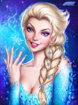  1girl artist_name ayya_sap blonde_hair blue_dress blue_eyes blue_nails braid breasts cleavage dress elsa_(frozen) frozen_(disney) grin hair_ornament long_hair looking_at_viewer nail_polish patreon_username pink_lips smile snow snowflake_hair_ornament snowflakes solo teeth watermark web_address 