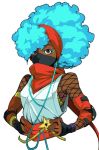  1girl afro blue_hair bra bra_peek dark-skinned_female dark_skin elbow_pads eyeshadow fingerless_gloves fishnets gloves hairband headphones ichimat77760628 kimberly_jackson looking_at_viewer makeup mask mouth_mask ninja official_alternate_costume official_alternate_hairstyle red_scarf scarf shuriken simple_background solo street_fighter street_fighter_6 underwear upper_body weapon yellow_bra 