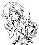  1boy :3 armor character_request closed_mouth cowboy_shot earrings greyscale hand_on_hip jewelry league_of_legends looking_at_viewer monochrome navel phantom_ix_row pointy_ears short_hair smile solo white_background 