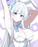  1girl alternate_costume bare_shoulders blue_archive hair_ornament halo highres long_hair looking_at_viewer mechanical_ears noa_(blue_archive) playboy_bunny purple_eyes rabbit_hair_ornament seno_(senohime) solo white_hair 