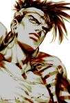  1boy bad_id bad_tumblr_id commentary earrings eyelashes from_below grey_eyes greyscale headband jacket jewelry jojo_no_kimyou_na_bouken kotteri looking_to_the_side male_focus monochrome n&#039;doul profile short_hair solo 