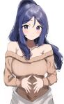  1girl absurdres bare_shoulders blue_hair blush breasts brown_sweater collarbone commentary_request earrings hair_between_eyes highres jewelry large_breasts long_hair long_sleeves looking_at_viewer love_live! love_live!_sunshine!! matsuura_kanan nail_polish necklace off-shoulder_sweater off_shoulder open_mouth own_hands_together ponytail purple_eyes ribbed_sweater simple_background smile solo sunya_(honorin-yuunibo) sweater upper_body white_background 