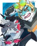  anthro aoi_tachi0 blonde_hair blue_body blue_eyes blue_fur dragon duo eyebrows eyewear felid fur giansar green_eyes grey_body grey_scales hair hi_res horn kemono lifewonders live_a_hero male mammal one_eye_closed pantherine rexer scales striped_body striped_fur stripes sunglasses thick_eyebrows tiger wink 