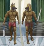  2023 5_fingers 5_toes abs altered_reflection anthro armor athletic athletic_anthro athletic_male backwards_baseball_cap backwards_hat barefoot baseball_cap black_nose black_pawpads bottomwear brown_body brown_fur bulge canid canine canis claws clothed clothing digital_media_(artwork) domestic_dog ears_through_headwear facial_hair feet fingers footwear fur goatee hat headgear headwear helmet herding_dog holding_clothing holding_object holding_shirt holding_sword holding_tank_top holding_topwear holding_weapon humanoid_feet humanoid_hands jacob_(sampsonwoof) leather leather_armor looking_at_reflection male malinois_dog mammal melee_weapon mirror navel nipples pastoral_dog pawpads plantigrade pteruges pubes reflection sampsonwoof sandals sheepdog shirt shorts solo standing story story_in_description sword tank_top teeth text toe_claws toes tongue topless topless_anthro topless_male topwear weapon yellow_eyes 