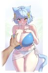  1girl absurdres animal_ears arm_under_breasts bikini blue_bikini blue_eyes blue_hair blush bow breast_hold breasts cat_ears cat_girl cleavage grabbing grabbing_another&#039;s_breast hair_bow hand_on_own_chest heterochromia highres huge_breasts jinmeii looking_at_viewer original parted_lips pov sarong see-through simple_background solo_focus standing swimsuit thigh_gap white_background yellow_bow yellow_eyes 