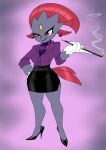  abstract_background anthro bottomwear clothed clothing crovirus ear_piercing ear_ring female footwear generation_4_pokemon gloves_(marking) hand_on_hip hi_res high_heels lipstick makeup markings miniskirt neckerchief nintendo piercing pokemon pokemon_(species) red_eyes red_lipstick ring_piercing skirt smile smoking_pipe solo weavile wide_hips 