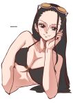 1girl aosora2823 arm_rest artist_name black_hair blue_eyes blush closed_mouth commentary_request eyewear_on_head highres long_hair looking_at_viewer nico_robin one_piece simple_background smile solo sunglasses swimsuit white_background 