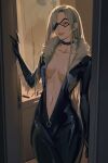  1girl absurdres bathroom black_cat_(marvel) black_cat_(marvel)_(cosplay) breasts catsuit chainsaw_man cleavage collar cosplay domino_mask doorway eyepatch fur_trim grey_hair highres long_hair marvel mask no_bra quanxi_(chainsaw_man) solo spider-man_(series) studded_collar unzipped uqi32 zipper 