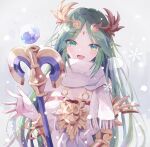  1girl absurdres armlet ayametoru bangle blush bracelet breasts chain cleavage diadem dress forehead_jewel gold_chain green_eyes green_hair grey_background highres jewelry kid_icarus kid_icarus_uprising long_hair looking_at_viewer open_mouth palutena pendant scarf smile snowflakes solo staff upper_body vambraces white_dress white_scarf 