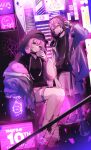  1boy 1girl absurdres anniversary beryl_(blueberylpie) building choker dual_persona genderswap genderswap_(ftm) graffiti hair_ornament hairclip headphones highres hood hoodie indie_utaite looking_at_viewer mafuteru multicolored_hair neon_lights nqrse nqrse_no_neko official_art pink_hair pink_theme shoes shorts skyscraper sneakers socks streaked_hair thighlet utaite xyz_project 