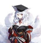  1girl alcohol animal_ears armpit_crease bare_shoulders black_gloves bottle breasts champagne champagne_flute cup dress drinking_glass facial_mark fox_ears fox_tail gloves graduation hat hat_tassel highres holding holding_bottle holding_cup japanese_clothes kimono large_breasts long_hair miaooon mortarboard multiple_tails nijisanji nijisanji_en nina_kosaka off-shoulder_dress off_shoulder one_eye_closed red_eyes red_ribbon ribbon simple_background solo tail white_background white_hair wine_bottle 