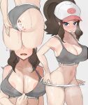  1girl absurdres adjusting_clothes adjusting_panties areola_slip ass baseball_cap blue_eyes blush breasts brown_hair cleavage female_pubic_hair gatchan grey_panties grey_sports_bra hat heavy_breathing high_ponytail highres hilda_(pokemon) large_breasts long_hair looking_at_viewer multiple_views navel panties poke_ball_print pokemon pokemon_(game) pokemon_bw ponytail pubic_hair pubic_hair_peek sports_bra sweat underwear 