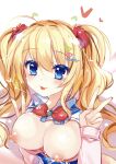  1girl :3 :p absurdres ahoge blonde_hair blue_eyes blush bow bra bra_pull breasts breasts_out cleavage clothes_pull colored_eyelashes commentary_request double_v eyelashes eyes_visible_through_hair gyaru hair_between_eyes hair_ornament hairclip heart heart_hair_ornament highres imoe_(1017933989) kin-iro_loveriche kisaki_reina large_breasts long_hair looking_at_viewer nipples pom_pom_(clothes) pom_pom_hair_ornament red_bow school_uniform shirt simple_background sleeves_past_wrists smile solo sweat tongue tongue_out twintails underwear upper_body v wavy_hair white_background white_shirt 