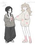  2girls \||/ absurdres ahoge alternate_costume baggy_clothes baggy_pants black_eyes black_hair black_pants blush brown_cardigan brown_hair cardigan chito_(shoujo_shuumatsu_ryokou) closed_eyes commentary_request creature dress_shirt food_print full_body grey_hoodie hair_over_shoulder hand_up highres holding_carton hood hoodie long_hair long_sleeves looking_at_another low_twintails milk_carton multiple_girls myomuron no_pants nuko_(shoujo_shuumatsu_ryokou) open_mouth outstretched_arms pants partially_unzipped pink_socks print_cardigan print_shirt puffy_long_sleeves puffy_sleeves sandals shirt shoes shoujo_shuumatsu_ryokou smile sneakers socks standing strawberry_milk strawberry_print t-shirt translation_request twintails wavy_hair white_background white_shirt yuuri_(shoujo_shuumatsu_ryokou) zipper 