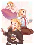  1boy blonde_hair chopsticks closed_eyes demon_slayer_uniform eating food forked_eyebrows highres kimetsu_gakuen kimetsu_no_yaiba long_sleeves male_focus marotoskin miso_soup multicolored_hair necktie open_mouth orange_eyes red_necktie rengoku_kyoujurou rice school_uniform shirt sweet_potato topless_male two-tone_hair white_shirt 