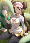  1girl black_pantyhose blue_eyes breasts brown_hair double_bun doughnut_hair_bun fagi_(kakikaki) grass hair_bun highres long_hair medium_breasts one_eye_closed pantyhose pokemon pokemon_(creature) pokemon_bw2 raglan_sleeves rosa_(pokemon) serperior shoes short_shorts shorts sitting sneakers twintails very_long_hair visor_cap wariza yellow_shorts 