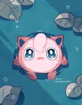  afloat animal_focus artist_name colored_skin commentary_request hanabusaoekaki highres jigglypuff leaf no_humans pink_skin pokemon pokemon_(creature) sad solo tearing_up water water_drop 