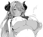  1girl absurdres blush braid breasts commentary_request draph eyes_visible_through_hair granblue_fantasy greyscale hair_ornament hair_over_one_eye highres horns large_breasts long_hair looking_at_viewer monochrome narmaya_(granblue_fantasy) ossou_rocket pointy_ears simple_background single_braid smile solo translation_request underboob white_background 