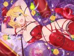  1girl :3 ahoge armpits bdsm blonde_hair blue_eyes blush breasts cleavage flower food fruit gloves green_eyes hair_between_eyes hair_ornament heterochromia high_heels highres large_breasts looking_at_viewer navel official_alternate_costume official_art on_bed open_mouth pear petals pillow rose rose_petals ryouna_(senran_kagura) senran_kagura senran_kagura_shinovi_versus short_hair smile solo thighhighs tongue yaegashi_nan yellow_flower yellow_rose 