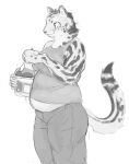  2022 anthro belly black_and_white bottomwear bucket cettus cheetah clothing container cutlery dessert felid feline female food holding_bucket holding_container holding_food holding_object holding_spoon ice_cream kitchen_utensils mammal midriff monochrome overweight overweight_anthro overweight_female pants shirt simple_background solo spoon standing striped_body stripes tail tank_top tools topwear white_background 
