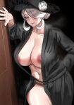  1girl absurdres areola_slip black_robe blue_eyes blush breasts cogita_(pokemon) doorway hair_over_one_eye highres huge_breasts large_areolae long_hair looking_at_viewer mature_female naughty_face navel nipple_slip nipples open_clothes open_mouth open_robe pokemon pokemon_(game) pokemon_legends:_arceus robe seductive_smile smile solo thick_thighs thighs white_background white_hair ytrall 