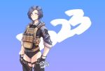  1girl 2023 ammunition_pouch artist_name bare_hips belt black_gloves black_hair black_leotard blue_background blue_eyes gloves gradient_background grey_jacket jacket leotard light_smile makeup mascara original pale_skin pouch short_hair solo tarola_(xrnl2018) xrnl2018 