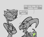  anthro avian beverage bird blitzo_(helluva_boss) crossed_arms dialogue duo eye_contact grey_background hair helluva_boss hi_res holding_beverage holding_object horn imp looking_at_another male owl owl_demon short_hair simple_background smile speech_bubble stolas_(helluva_boss) teathekook text white_text 