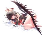  1girl ass black_hair black_nails black_serafuku black_wings blue_archive bottomless breasts commentary_request full_body halo highres large_breasts long_hair looking_at_viewer low_wings lying on_bed on_side pillow red_eyes red_halo school_uniform serafuku sharp_teeth shirt single_bare_shoulder smile solo teeth torn_clothes torn_shirt tsurugi_(blue_archive) underboob wing_censor wings yuki_nko 