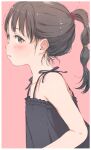  1girl bare_arms bare_shoulders black_dress black_hair blush brown_eyes collarbone commentary_request dress frilled_dress frills from_side gomennasai highres long_hair looking_at_viewer looking_to_the_side original pink_background ponytail profile sleeveless sleeveless_dress solo 