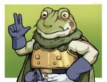  absurd_res amphibian anthro armor belt belt_buckle blue_clothing blue_gloves blue_handwear chrono_trigger clothing dynogreeno frog glenn_(chrono_trigger) gloves green_background green_body green_skin handwear hat headgear headwear hi_res male simple_background smile smiling_at_viewer solo square_enix 