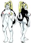  anthro black_body black_fur black_nose blonde_hair blue_eyes breasts canid canine canis daigaijin domestic_dog female freydar_(furryfight_chronicles) fur furryfight_chronicles genitals hair hi_res mammal medium_breasts navel nipples nude pupils pussy simple_background slit_pupils solo white_background 