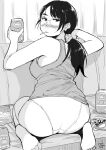  1girl ass barefoot beer_can black_hair blush breasts can greyscale hadashi_no_kenji hair_ornament hair_scrunchie highres holding holding_can indoors looking_back monochrome mouth_hold original panties ponytail scrunchie sitting small_breasts solo underwear wariza white_panties 