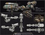  3d absurdres auxilirae cannon commentary concept_art damaged eve_online frigate_(eve_online) from_side glowing grey_theme highres industrial_ship_(eve_online) machinery military_vehicle multiple_views no_humans original outer_ring_excavations_(eve_online) radio_antenna realistic reference_sheet science_fiction spacecraft terry_maranda thrusters turret vehicle_focus wesley_knee 