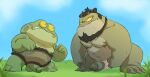  2023 amphibia_(series) amphibian anthro balls beard belly big_belly captain_bufo clothing disney duo erection facial_hair frog genitals green_body hi_res male moobs nipples outside overweight overweight_male penis posduroo underwear unknown_character 