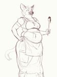  2021 anthro apron belly candy cettus chocolate clothed clothing cute_expression cutlery dessert domestic_cat dress eyes_closed felid feline felis female food hair hand_on_hip holding_object holding_spoon kitchen_utensils mammal overweight overweight_anthro overweight_female shirt sketch smile solo spoon standing tools topwear 